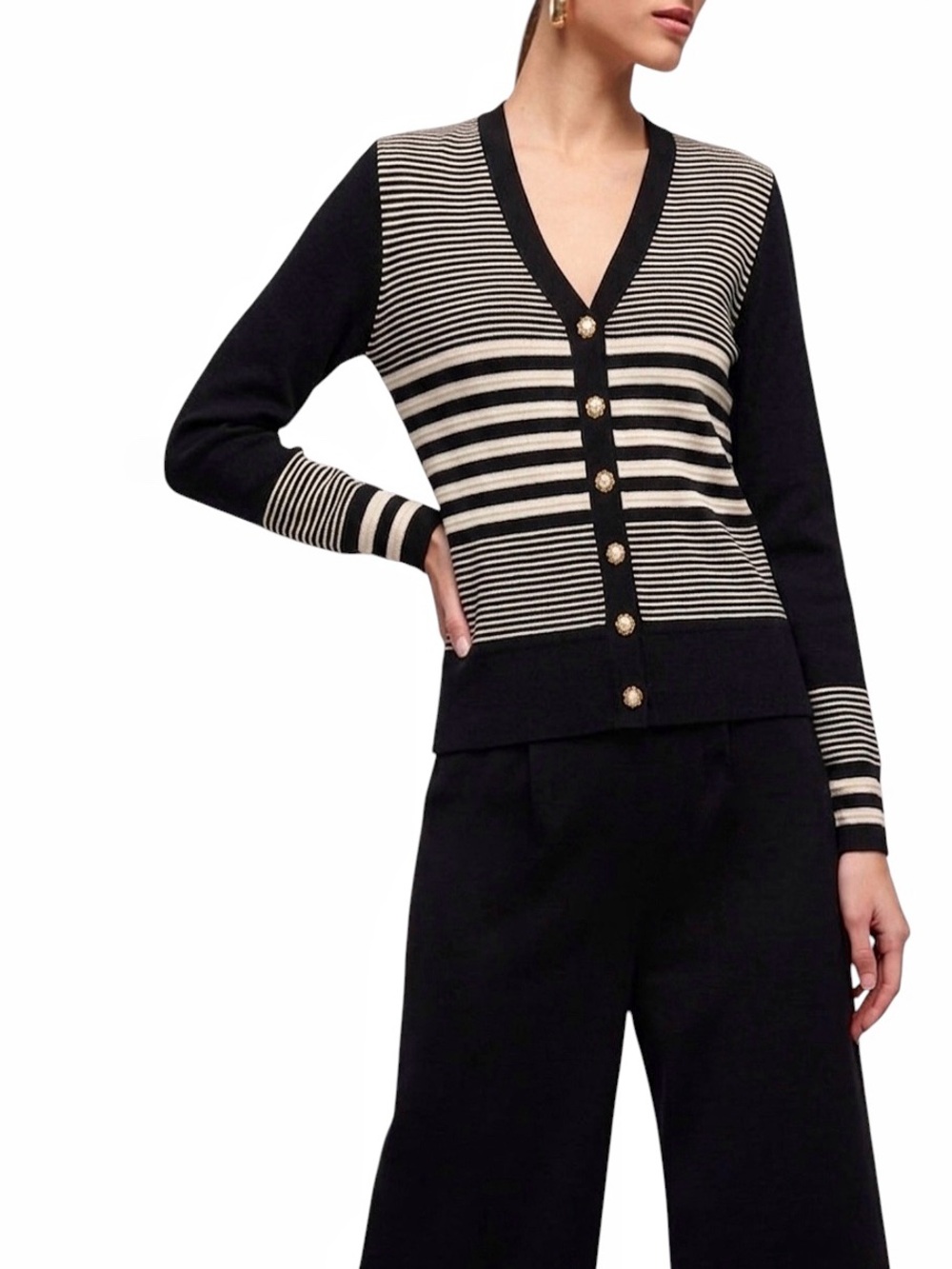 ST. JOHN Caviar VTG Striped Santana Knit Cardigan Jacket Gold Button - Size 12
